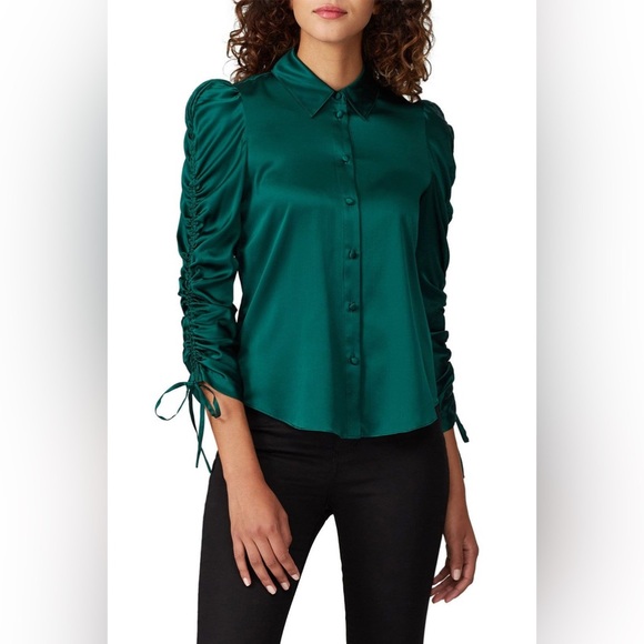 Veronica Beard Lilian Stretch Silk Button Up Ruched Blouse In Green - Picture 1 of 9